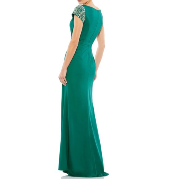MAC DUGGAL 55718 BEADED CAP SLEEVE BATEAU COLUMN EMERALD GREEN GOWN sz 16 - Picture 2 of 8